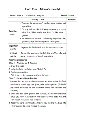 四年级上册英语教案-Unit5 Dinner's ready-1-人教(PEP)( ).doc