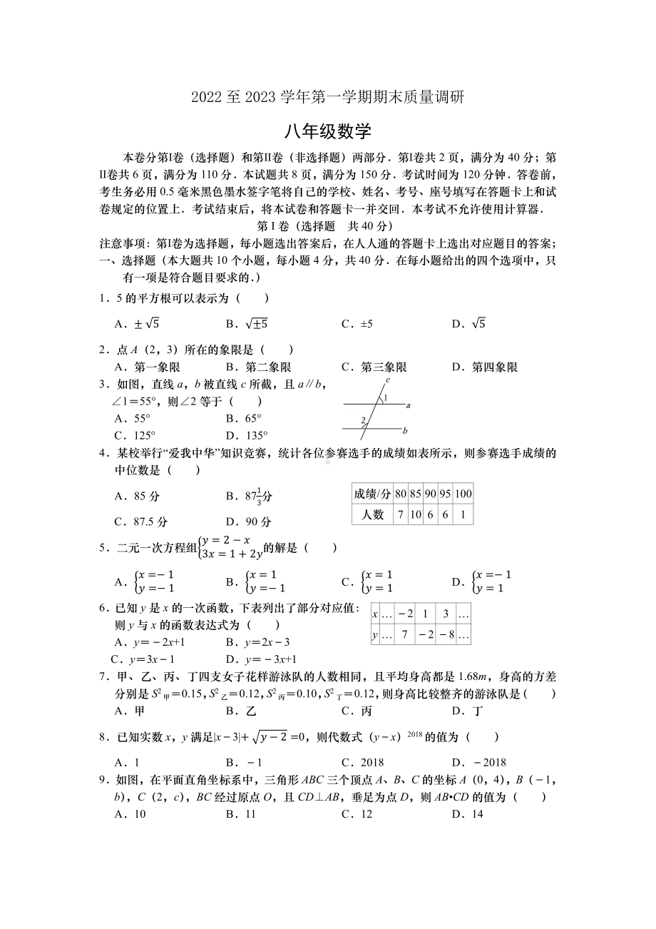 山东省济南市高新区海川中学2022-2023学年上学期八年级期末数学考试卷.pdf_第1页