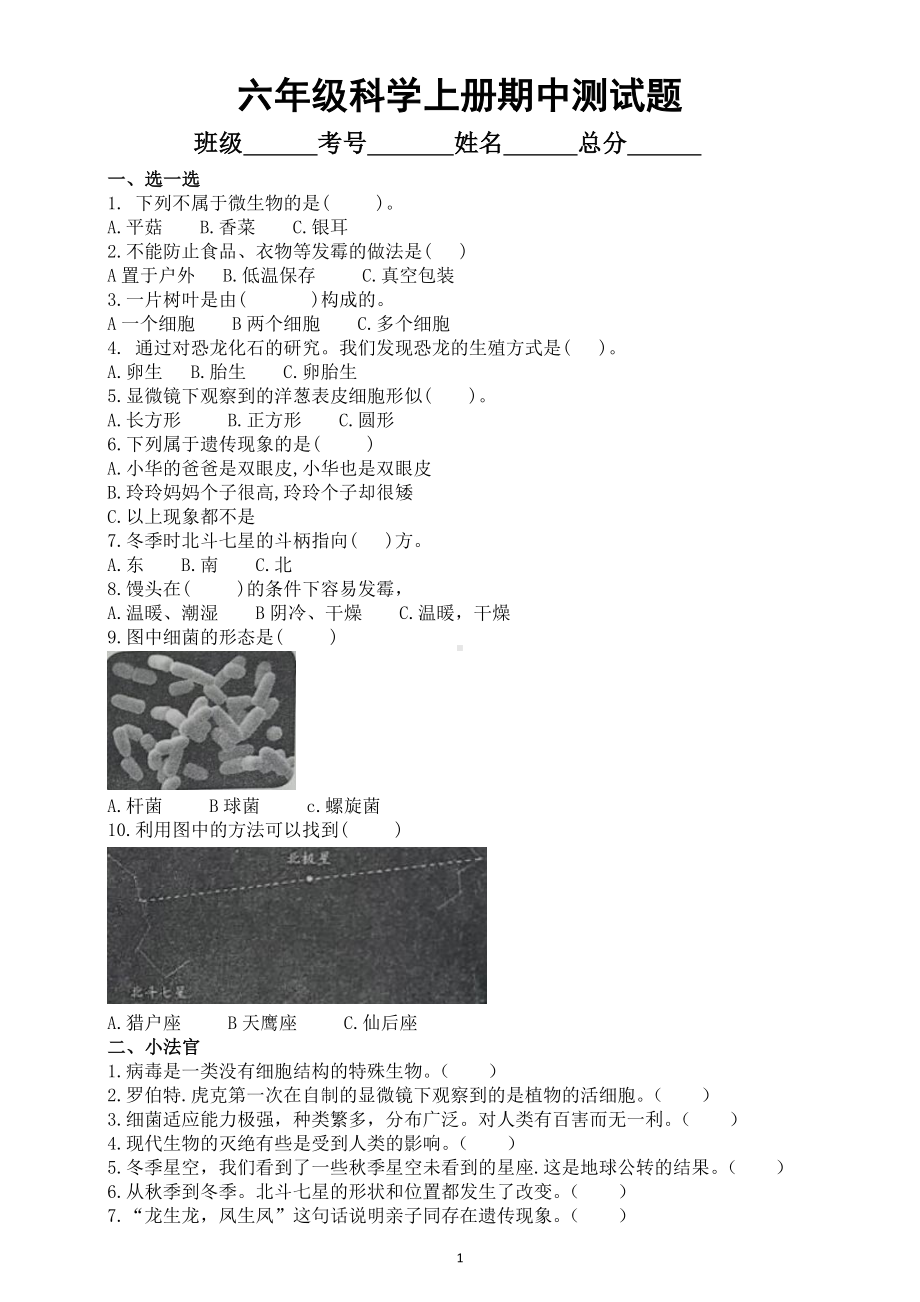 小学科学青岛版六三制六年级上册期中测试题1（2022秋）（附参考答案）.doc_第1页