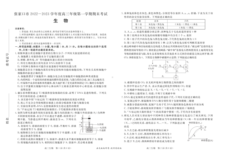 河北省张家口市2022-2023高三上学期期末生物试卷.pdf_第1页