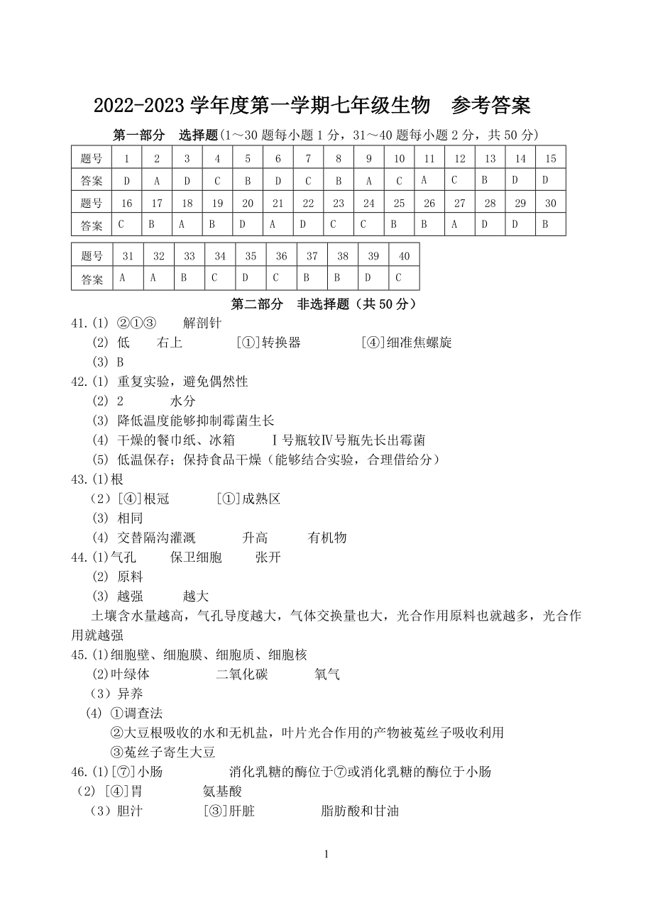 燕山地区 2022—2023 学年第一学期七年级期末质量监测生物参考答案.docx_第1页