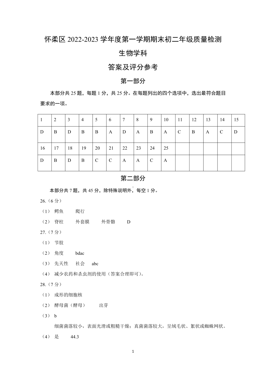 怀柔区2022-2023学年度第一学期期末初二年级质量检测 生物学科答案及评分参考.pdf_第1页