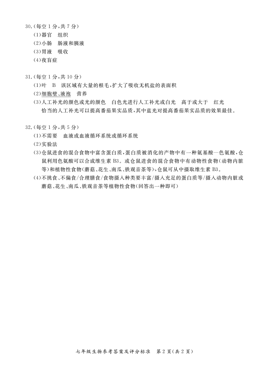 2022-2023-1通州区 七年级生物答案.pdf_第2页