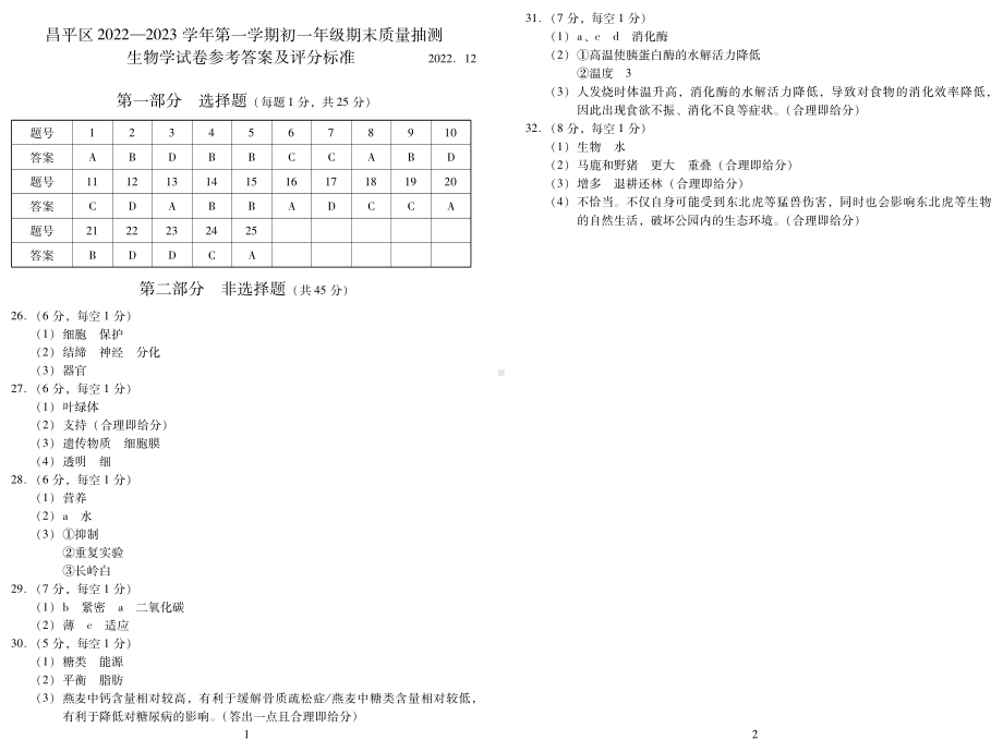 昌平区2022-2023第一学期初一生物期末试题答案.pdf_第1页