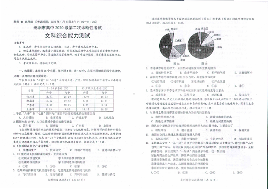 四川省绵阳市2023届高三第二次诊断性考试文科综合试卷+答案.pdf_第1页