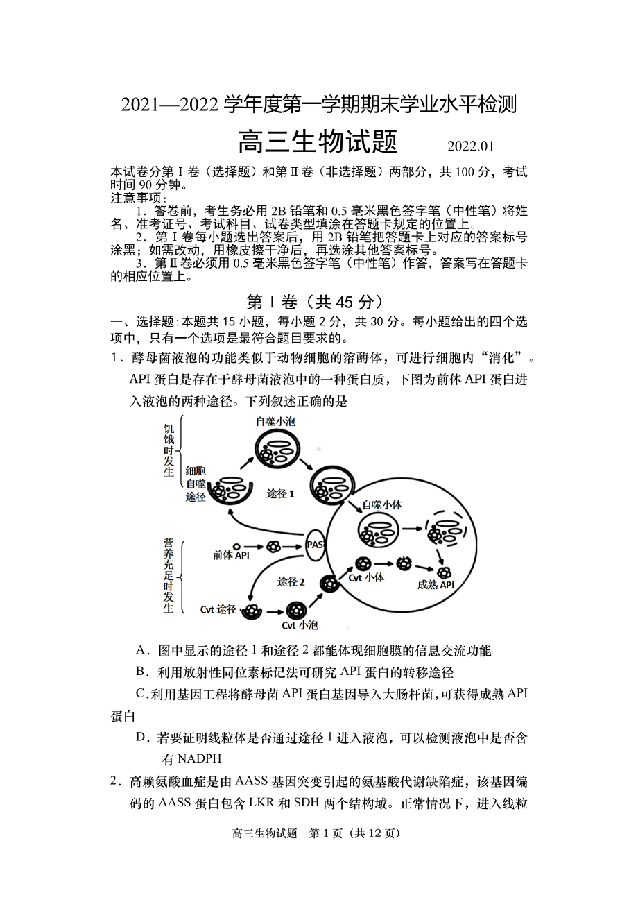 2021—2022学年度第一学期期末学业水平检测高三生物试题.docx_第1页