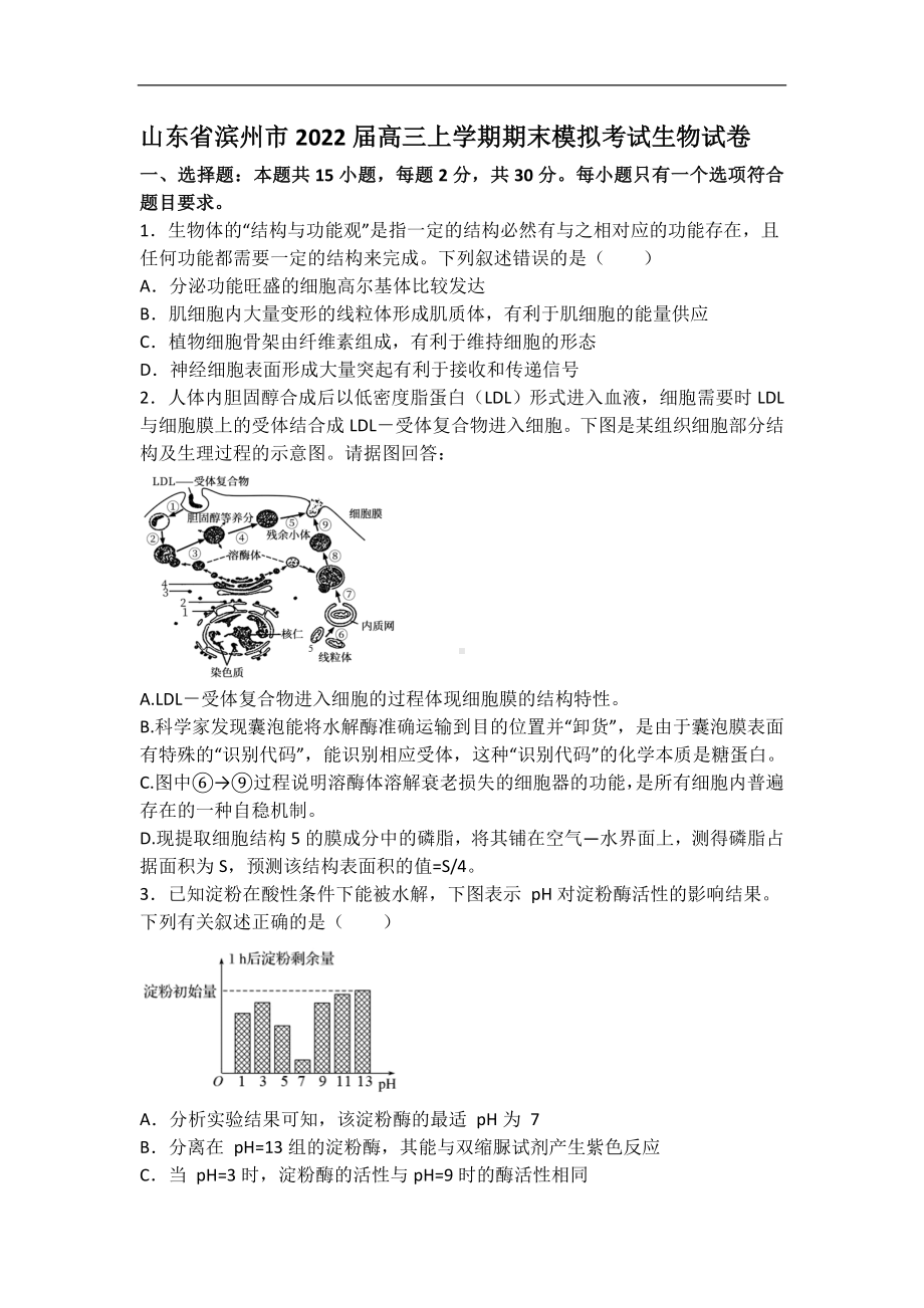 山东省滨州市2022届高三上学期期末模拟考试生物试卷.docx_第1页