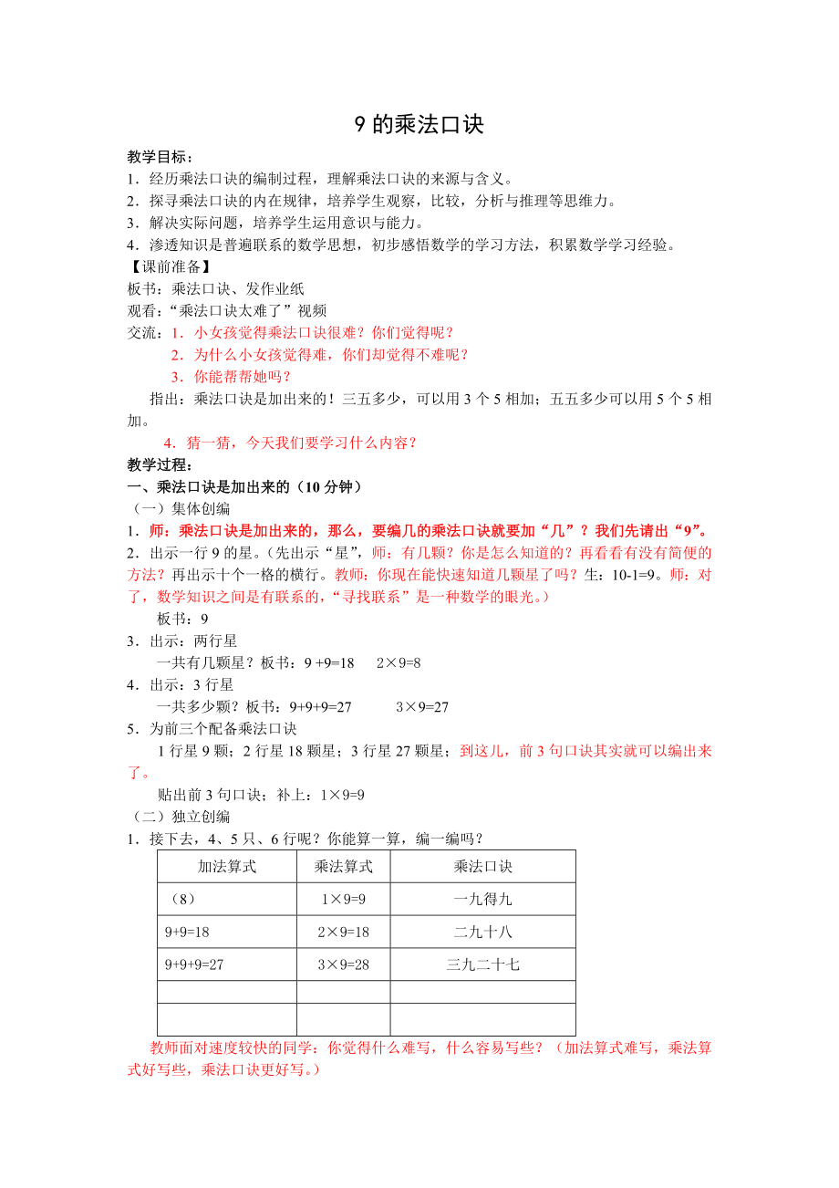 二年级上册数学教案-6.7 9的乘法口诀和用口诀求商｜苏教版（2014秋）(1).doc_第1页