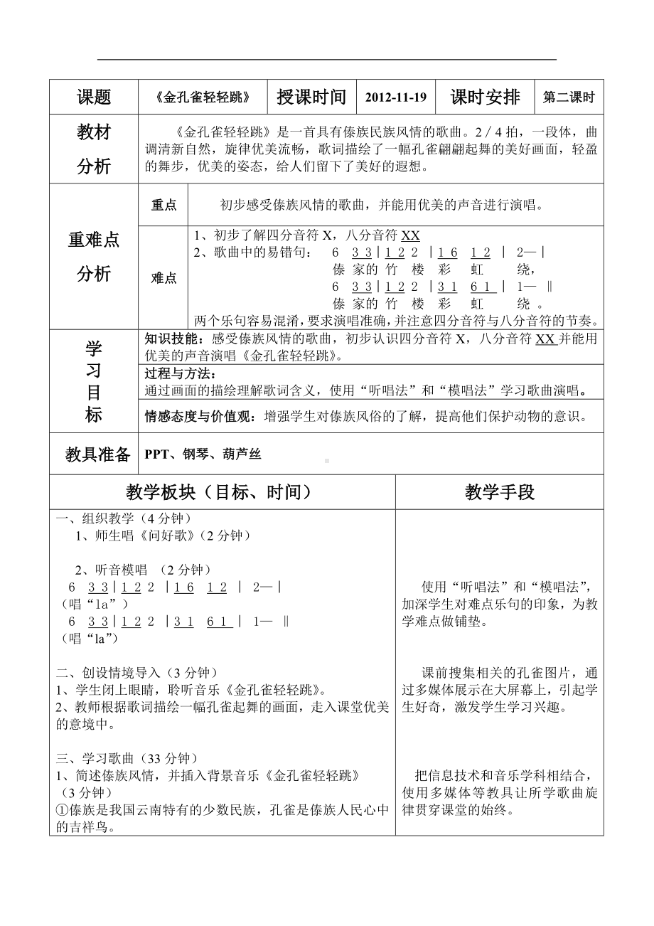 人音小学音乐二下《5金孔雀轻轻跳》word教案.doc_第1页