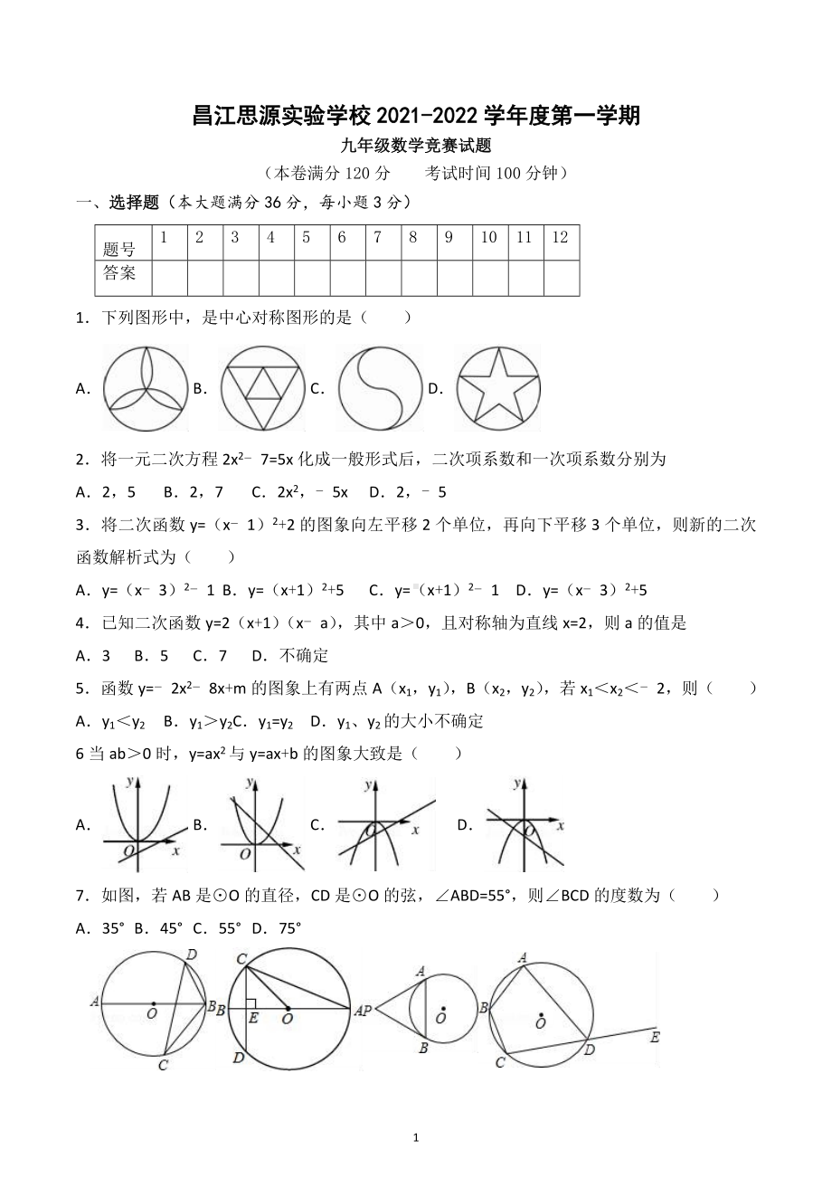 海南省昌江思源实验学校2021-2022学年九年级上学期数学竞赛试题.docx_第1页