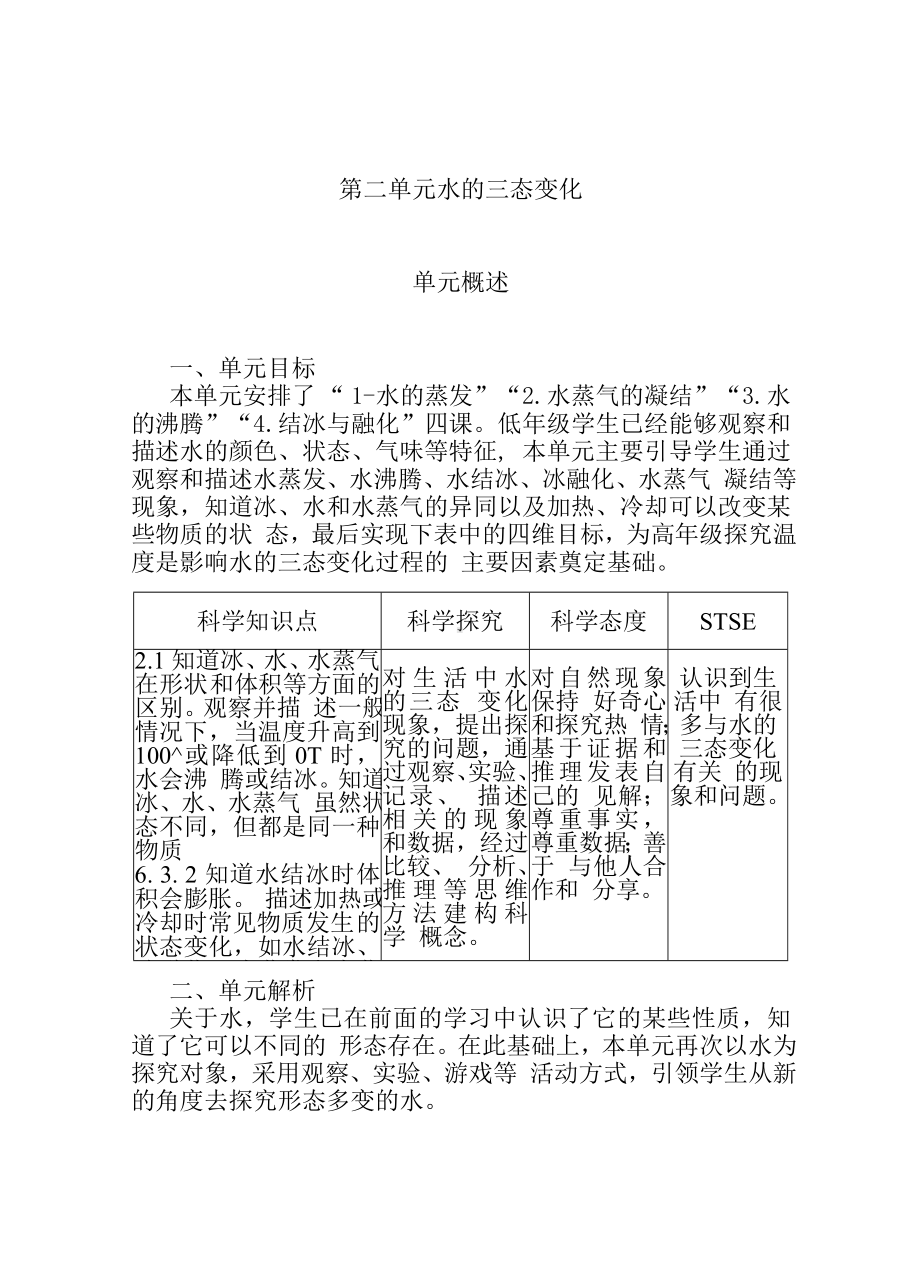 2023新湘科版三年级下册《科学》第二单元 水的三态变化 单元概述.doc_第1页