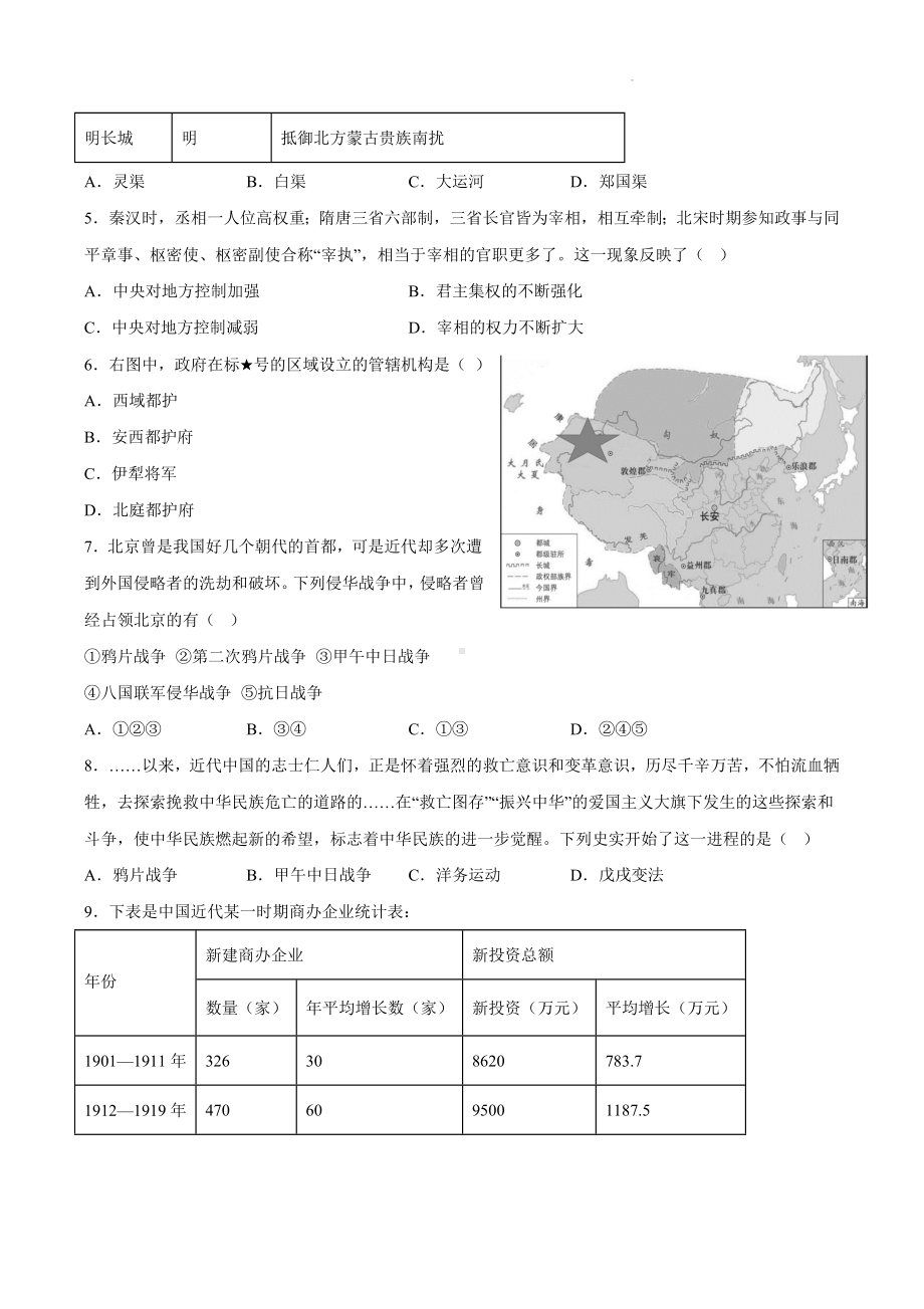 2023年重庆市黔江区中考五校一模 历史 试题（含答案）.docx_第2页