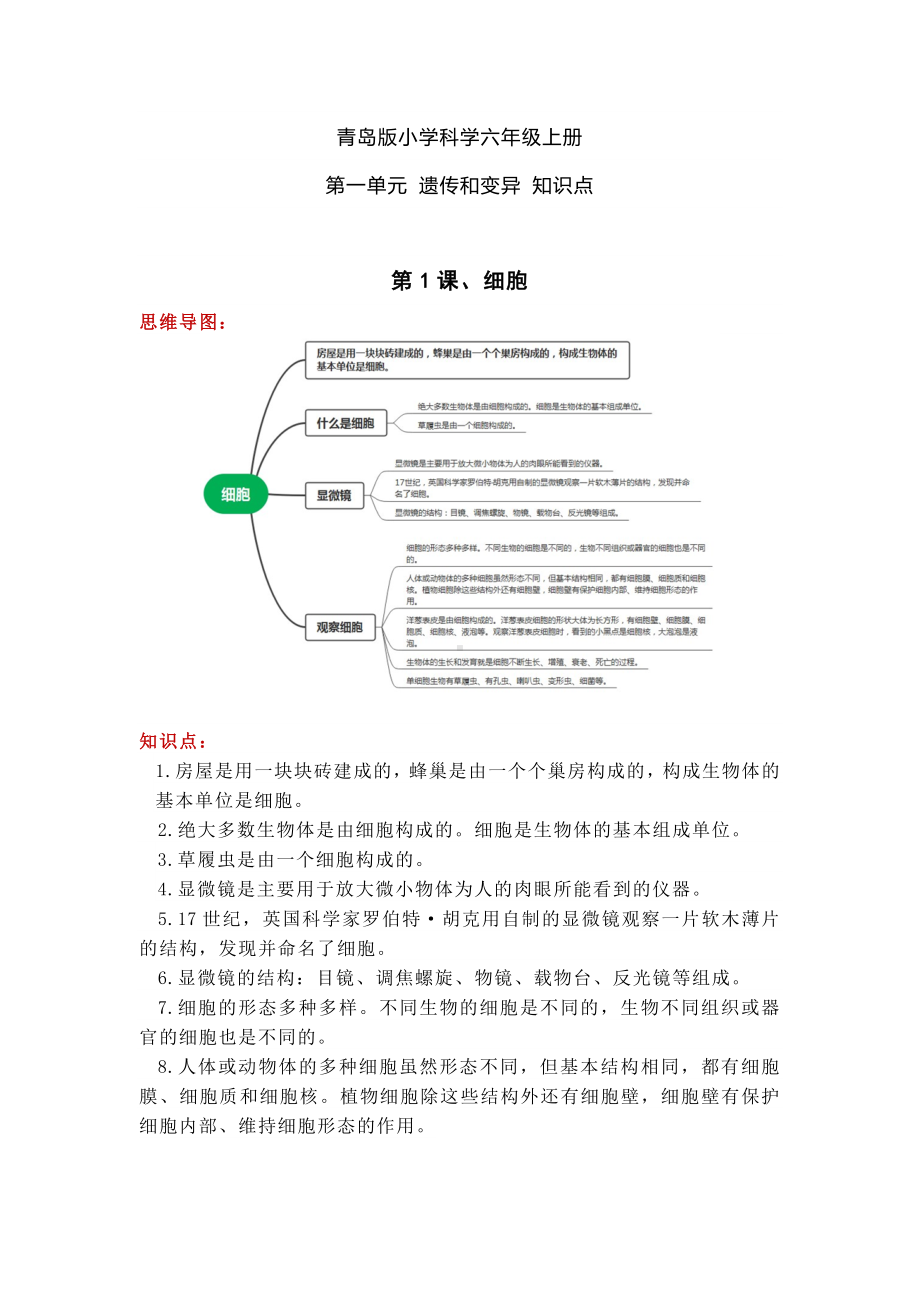 2023青岛版六年级科学上册第一单元 遗传和变异 知识点（复习讲义）.doc_第1页