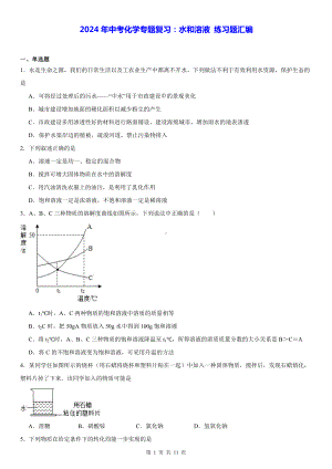 2024年中考化学专题复习：水和溶液 练习题汇编（Word版含答案）.docx