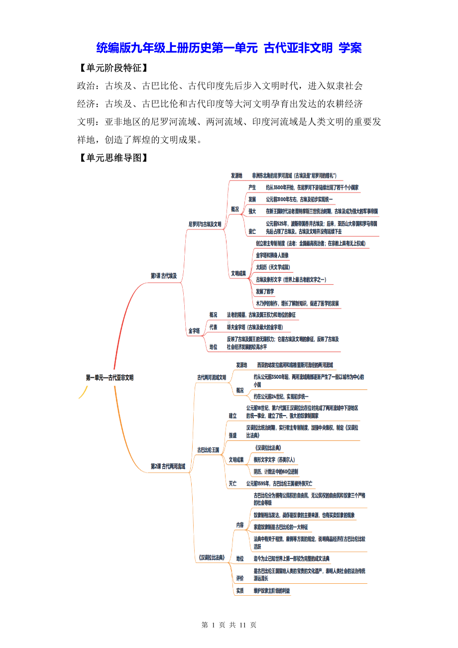 统编版九年级上册历史第一单元 古代亚非文明 学案（含练习题及答案）.docx_第1页