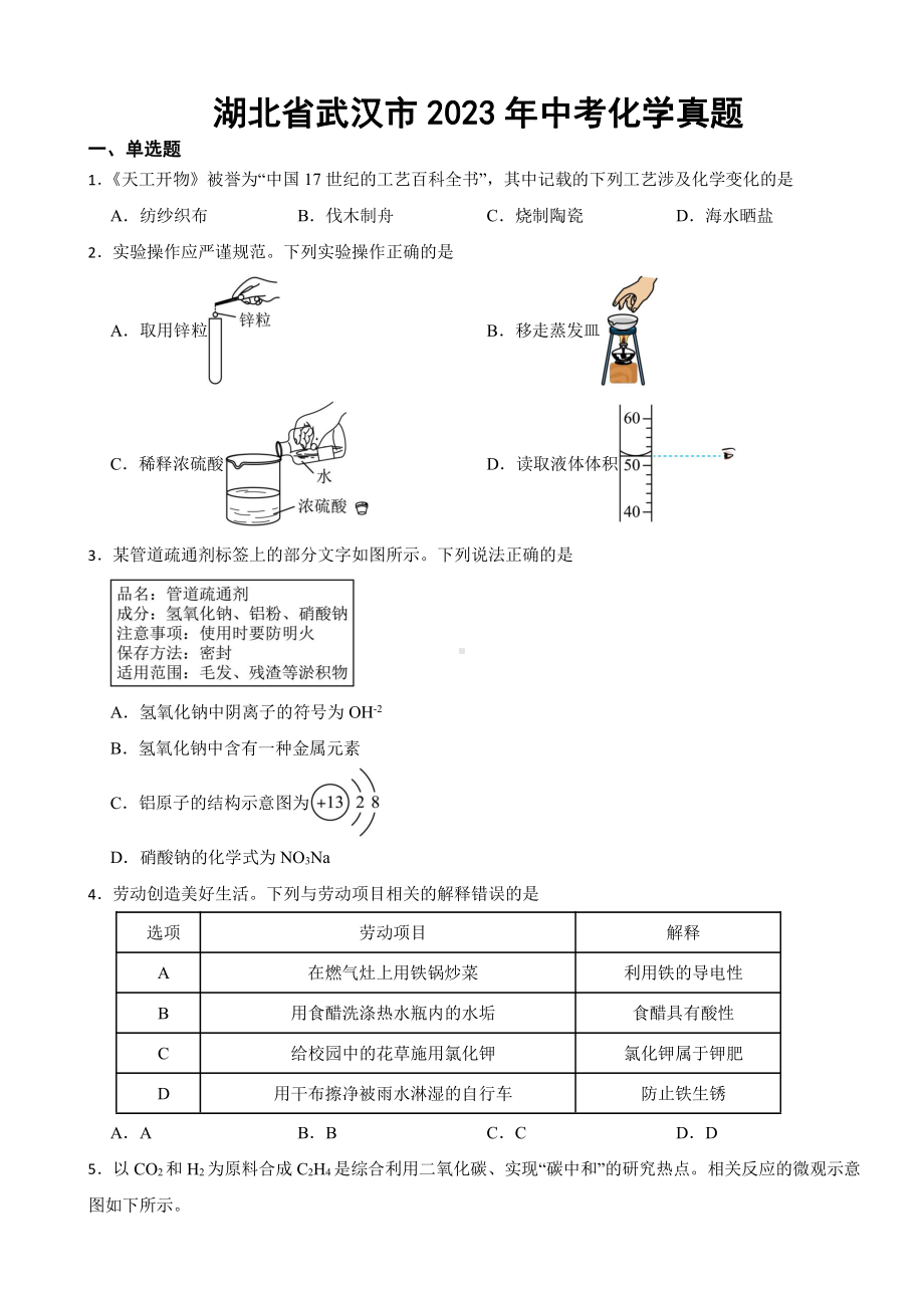 湖北省武汉市2023年中考化学真题(附参考答案).pdf_第1页