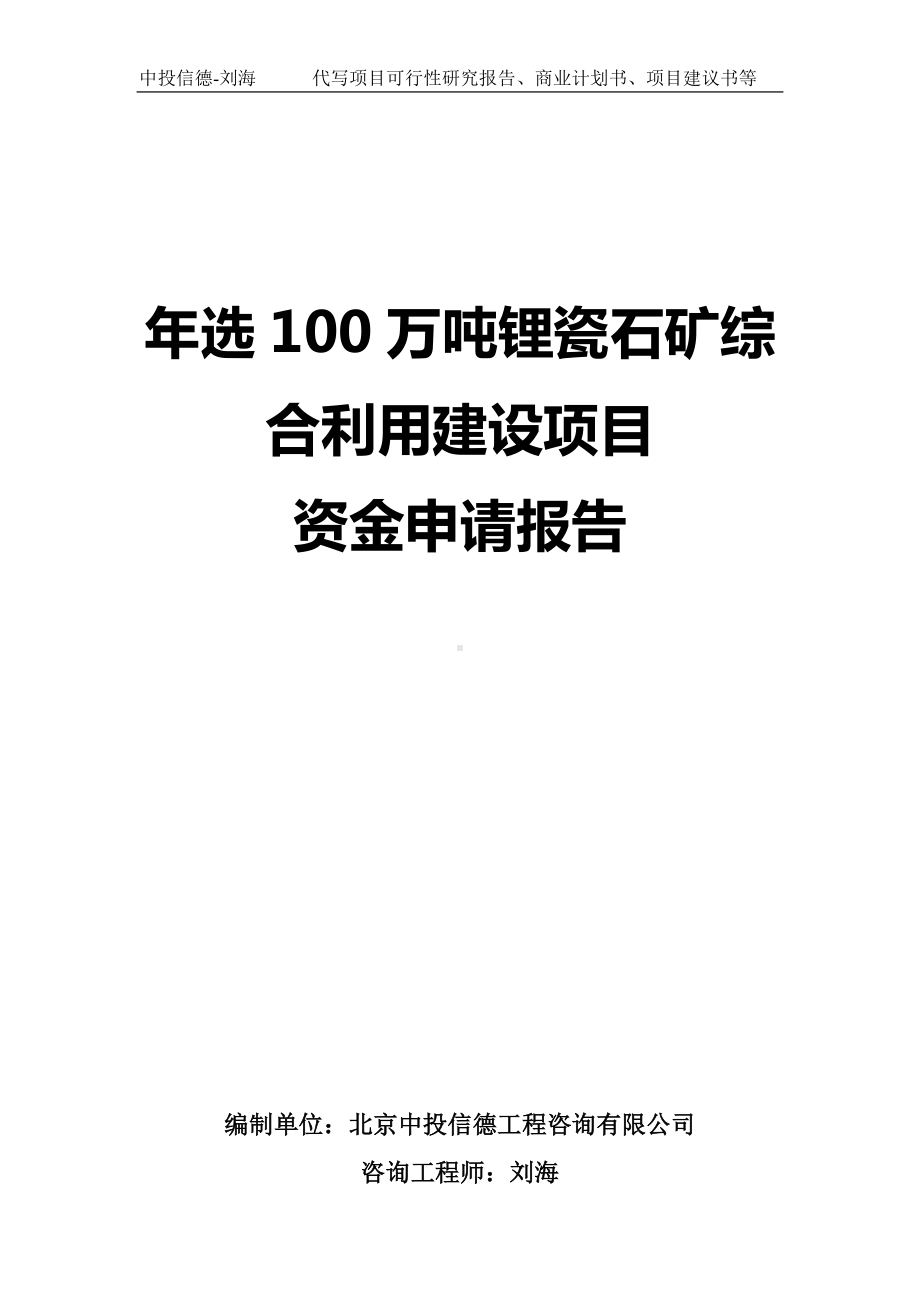 年选100万吨锂瓷石矿综合利用建设项目资金申请报告写作模板.doc_第1页