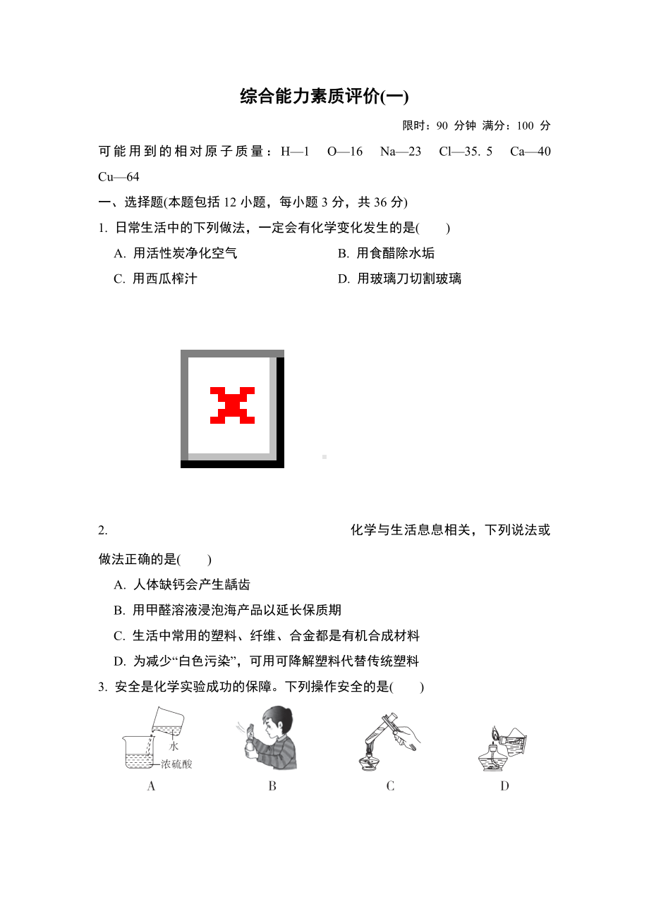 人教版化学九年级下册综合能力素质评价(一).doc_第1页