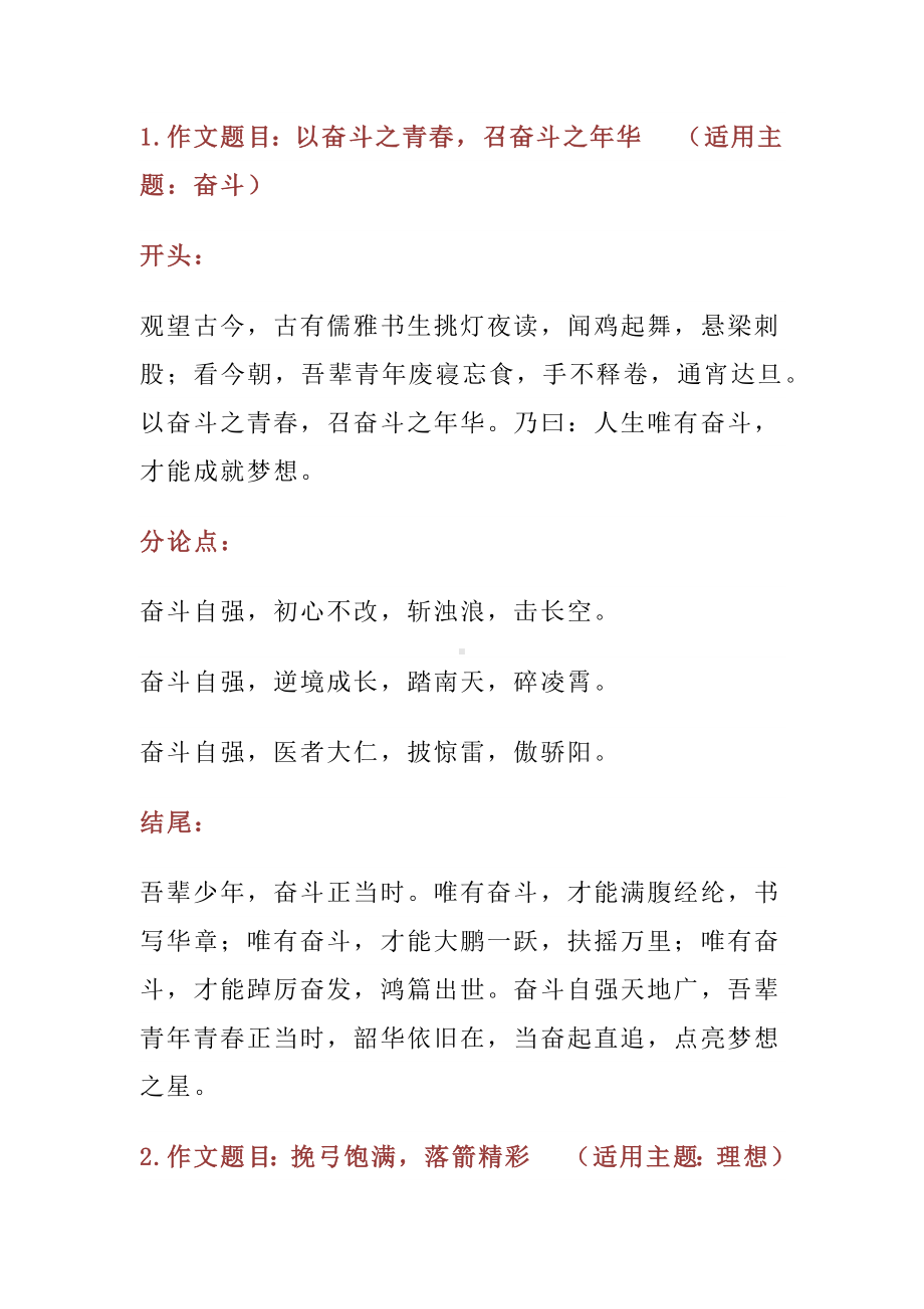 高中语文复习专题：10个高频主题的满分作文（开头、结尾、分论点）.docx_第1页