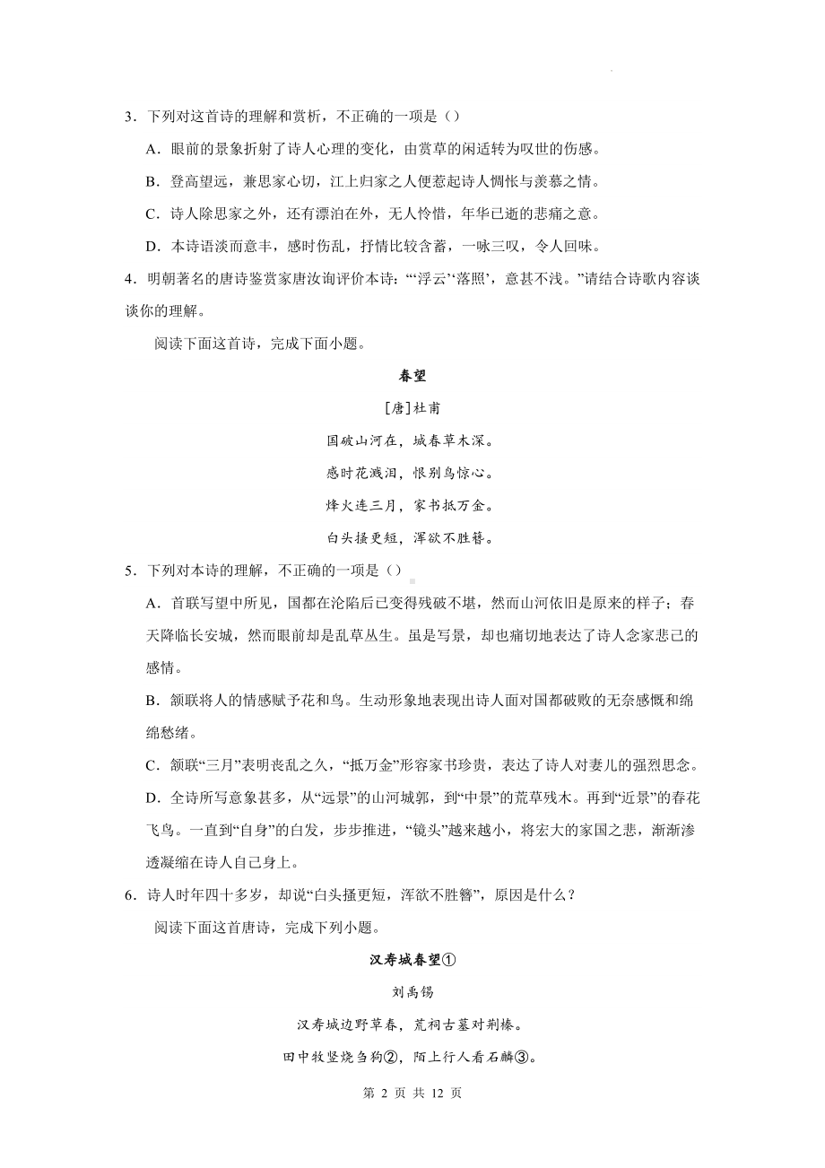 2024年高考语文复习：古代诗歌阅读之春望诗 练习题（含答案解析）.docx_第2页