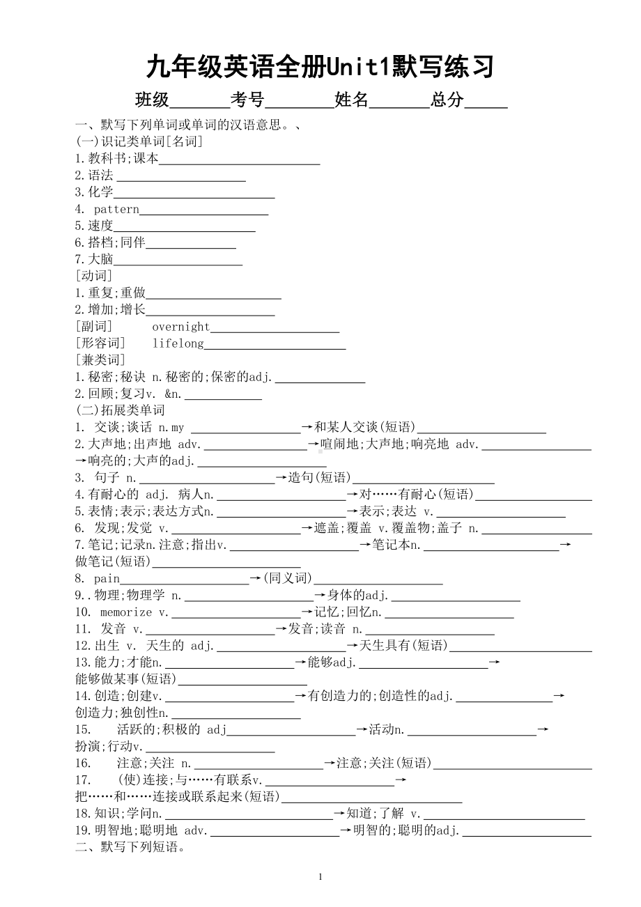 初中英语人教新目标九年级全册Unit 1默写练习（附参考答案）.doc_第1页