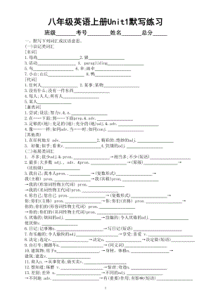 初中英语人教新目标八年级上册Unit 1默写练习（附参考答案）.doc