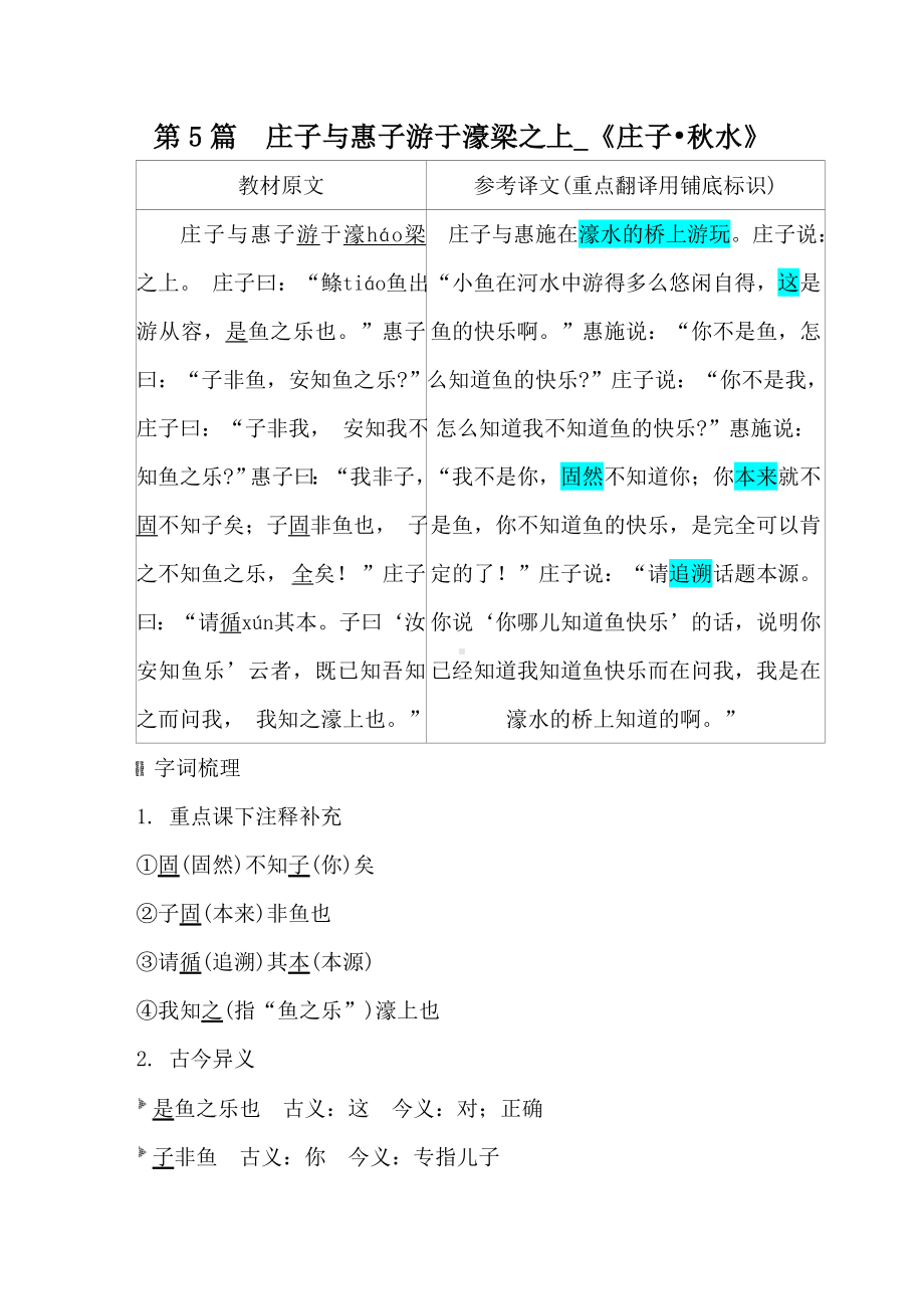 统编版语文八年级下册 古诗文梳理文言文-第5篇　庄子与惠子游于濠梁之上.doc_第1页