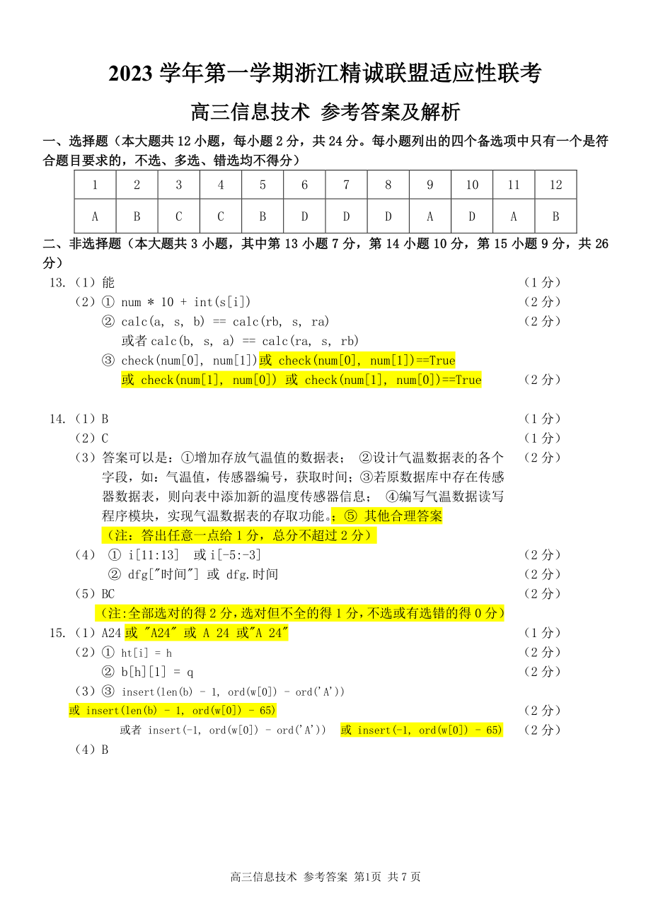 2023学年第一学期浙江省精诚联盟高三适应性12月联考 技术答案（信息技术）.pdf_第1页