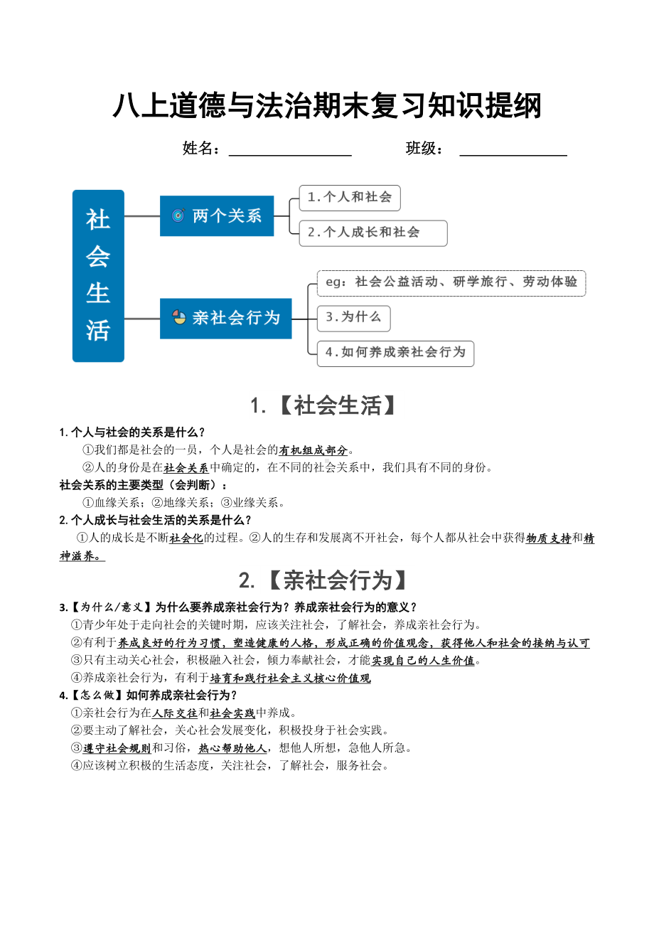 2023-2024学年（部）统编版八年级上册《道德与法治》期末复习知识点梳理.docx_第1页