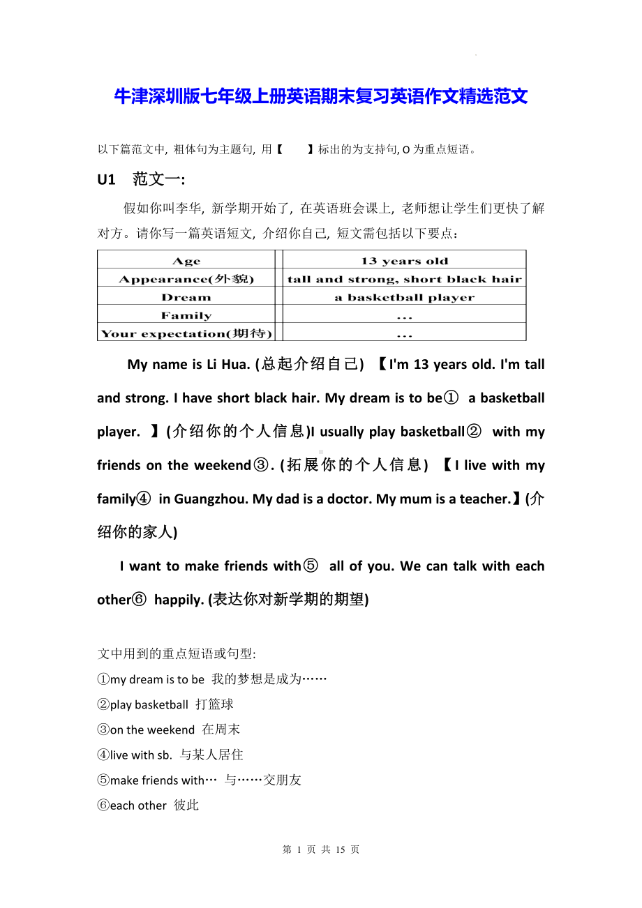 牛津深圳版七年级上册英语期末复习英语作文精选范文.docx_第1页