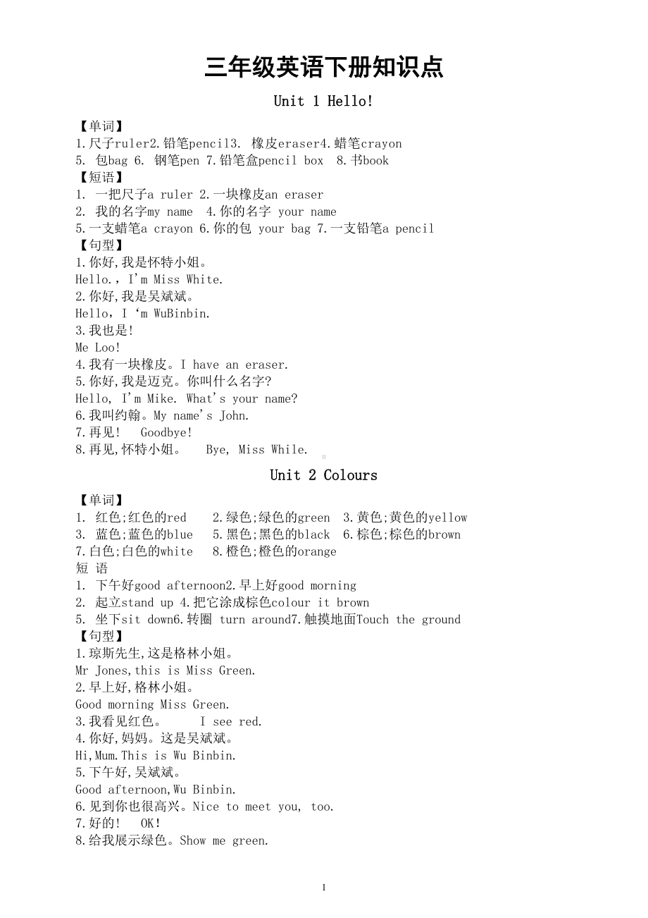 小学英语人教PEP三年级上册知识点.doc_第1页