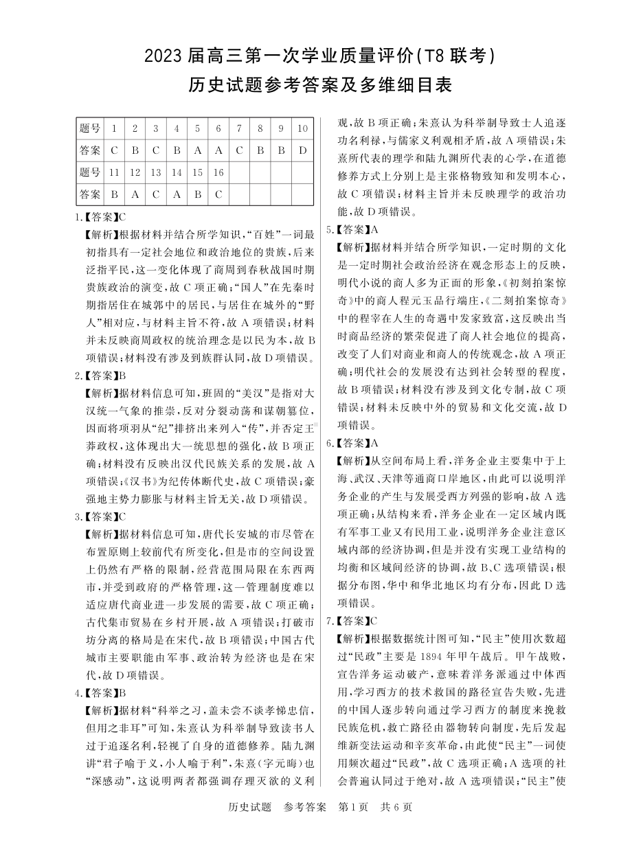 2023年12月全国T8联考历史答案.pdf_第1页