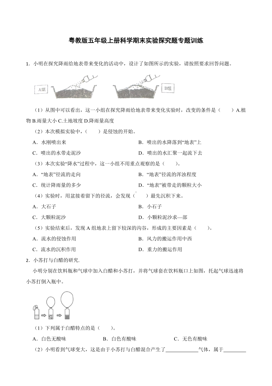 2023新粤教版五年级上册《科学》期末实验探究题专题训练（含答案）.docx_第1页