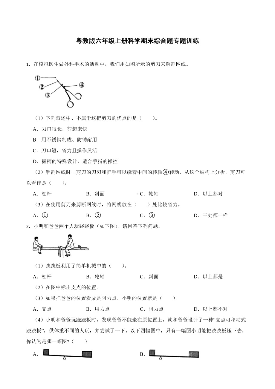 2023新粤教版六年级上册《科学》期末综合题专题训练（含答案）.docx_第1页