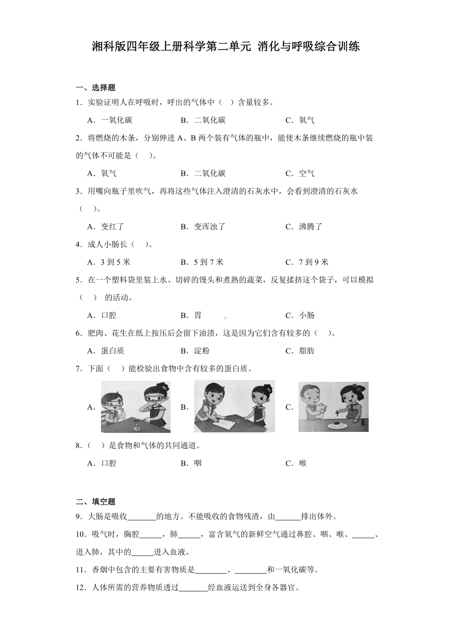 2023新湘科版四年级上册《科学》第二单元消化与呼吸测试训练（含答案）.docx_第1页