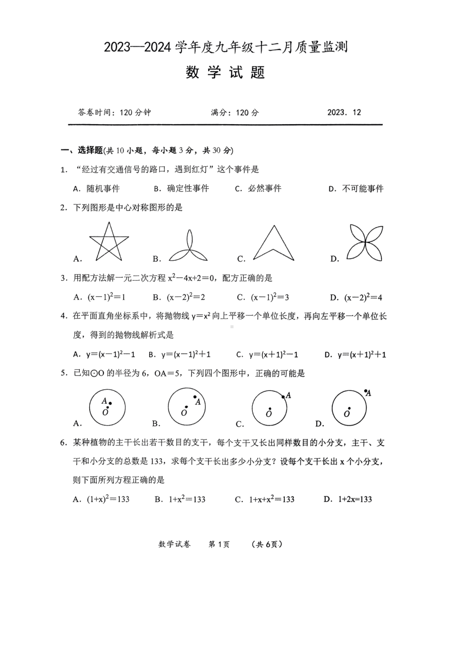 湖北省武汉市新洲区2023—2024学年九年级上学期12月调考数学试题 - 副本.pdf_第1页