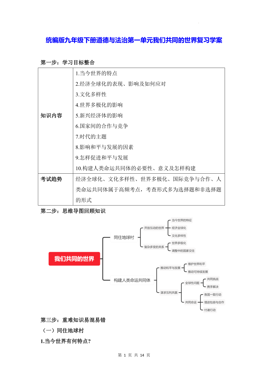 统编版九年级下册道德与法治第一单元我们共同的世界复习学案.docx_第1页