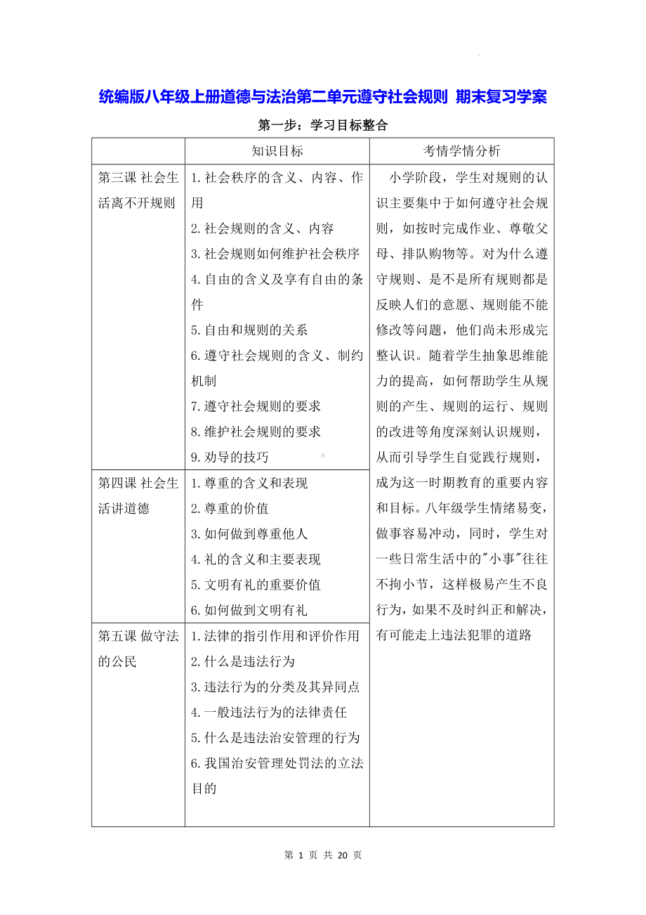 统编版八年级上册道德与法治第二单元遵守社会规则 期末复习学案.docx_第1页