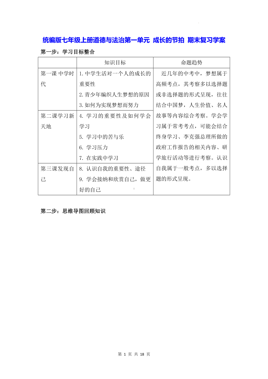 统编版七年级上册道德与法治第一单元 成长的节拍 期末复习学案.docx_第1页