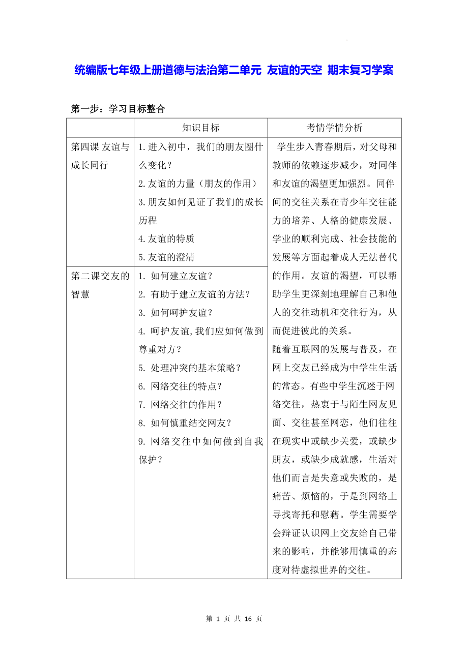 统编版七年级上册道德与法治第二单元 友谊的天空 期末复习学案.docx_第1页