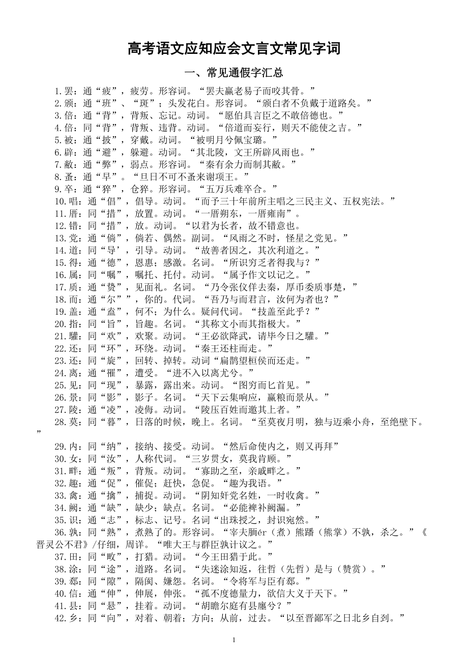 高中语文2023高考应知应会文言文常见字词汇总.doc_第1页