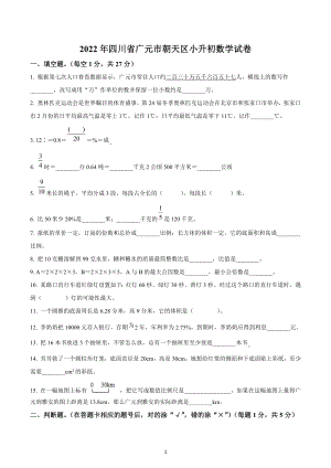 四川省广元市朝天区2022年人教版小升初考试数学试卷.docx