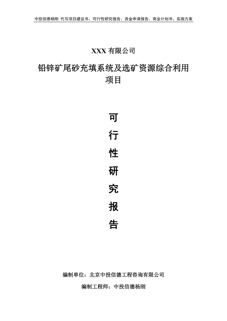 铅锌矿尾砂充填系统及选矿资源综合利用可行性研究报告.doc_第1页