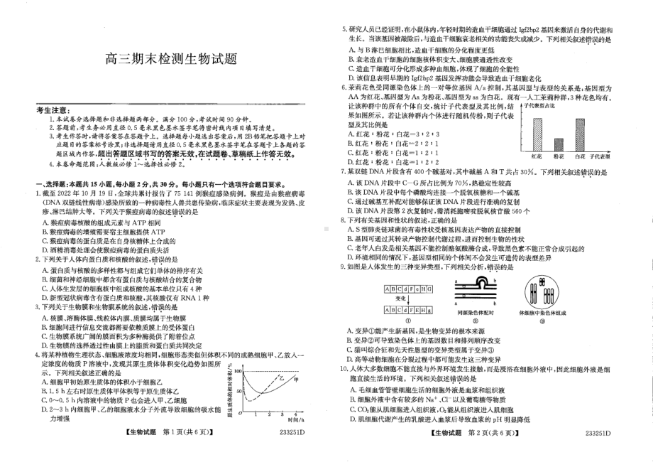 山东省泰安市2023届高三上学期期末生物试卷+答案.pdf_第1页