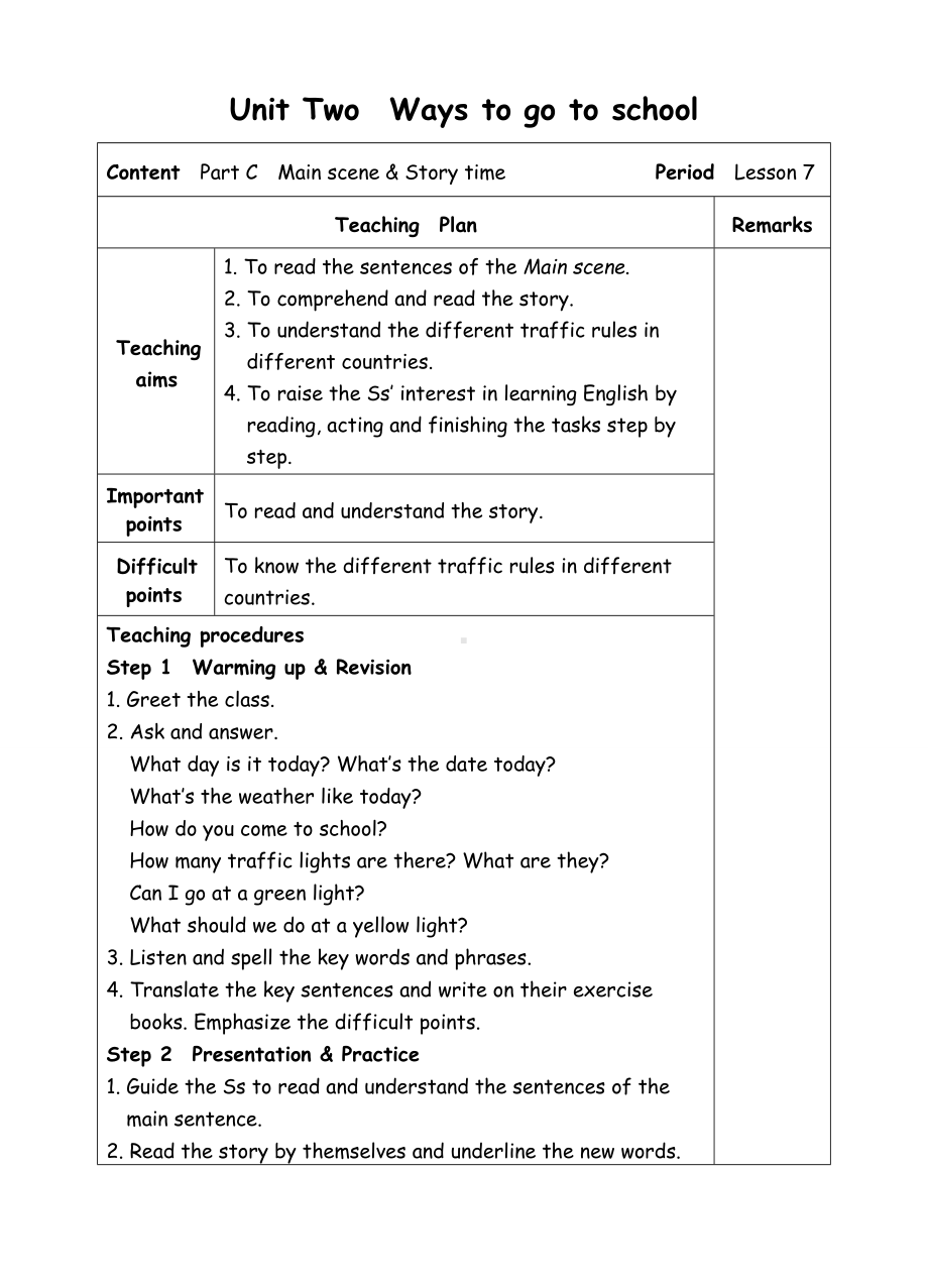 六年级上册英语教案-Unit2 Ways to go to school-7C Story time-人教(PEP)( ).doc_第1页