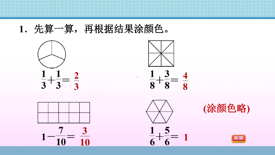 三年级上册数学作业课件-第九单元 第5课时　同分母分数加、减法的练习课 青岛版(共11张PPT).ppt_第3页