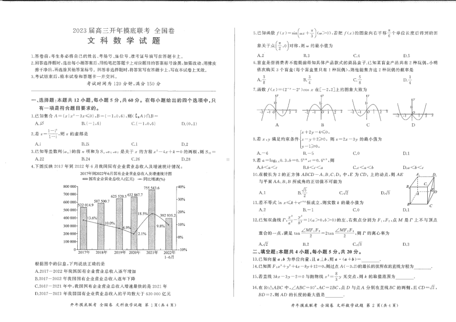 百师联盟2023届高三开年摸底联考（全国卷）文科数学试题及答案.pdf_第1页