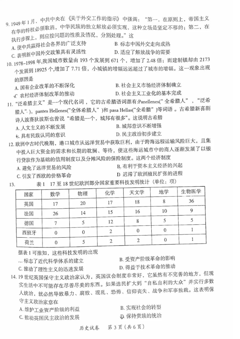 广东省茂名市2023年高三级第一次综合测试（一模）历史试题及答案.pdf_第3页