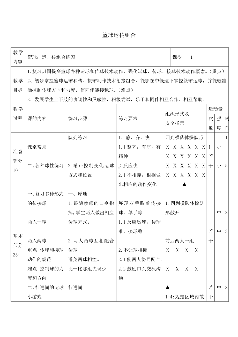 五年级体育教案-篮球运传组合 浙教课标版.doc_第1页