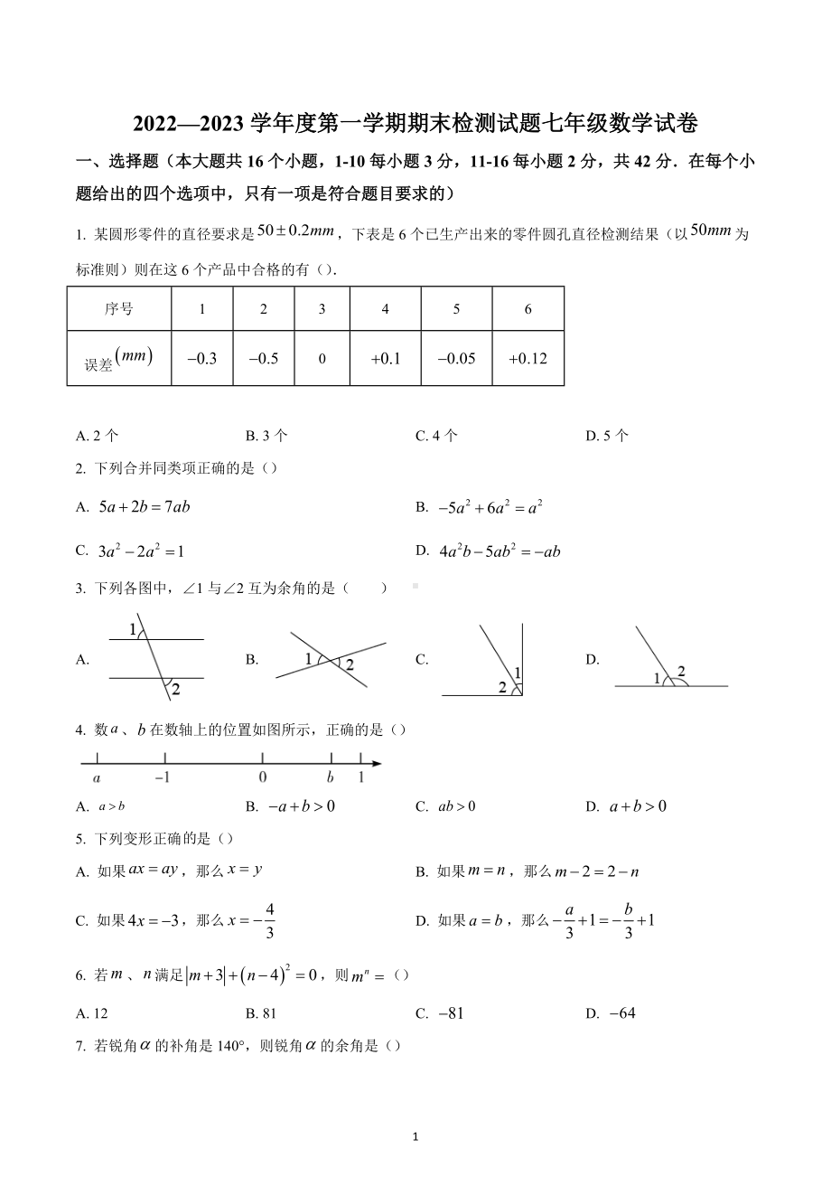 河北省承德市兴隆县2022-2023学年七年级上学期期末考试数学试题.docx_第1页